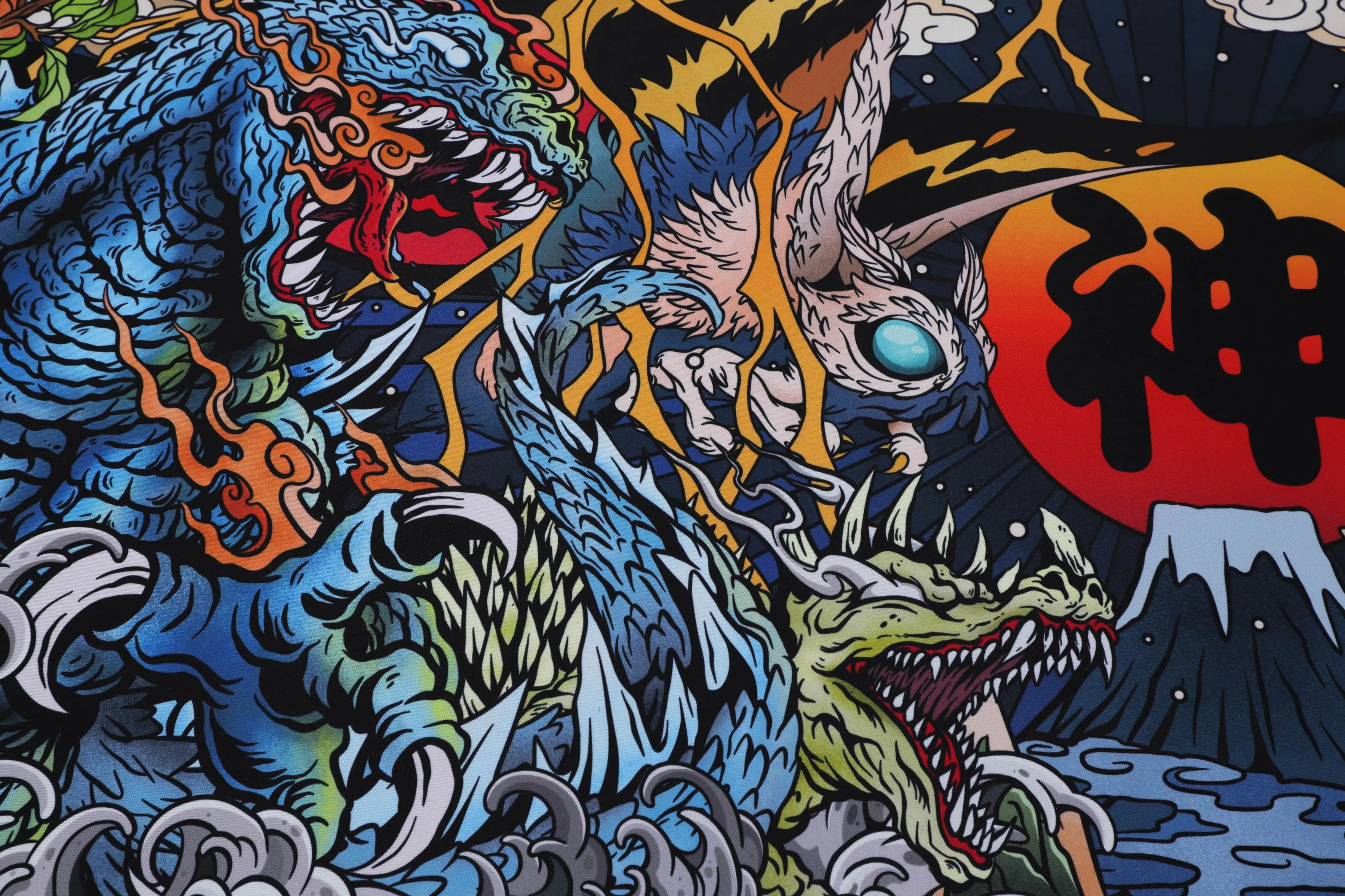 Close up of PantheonKeys x Erikartoon Klash Of The Kaiju Deskmat